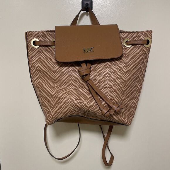 Michael Kors Junie Woven Leather Acorn Butternut Medium Leather Backpack - Picture 1 of 12